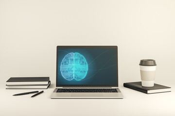 Modern computer display with creative human brain microcircuit. Future technology and AI concept. 3D Rendering