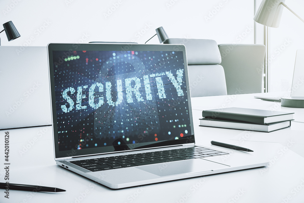 Poster Cyber security creative concept on modern laptop monitor. 3D Rendering