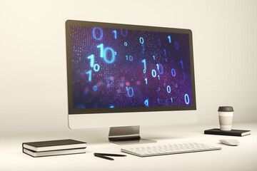 Fototapeta premium Creative abstract binary code sketch on modern laptop monitor, hacking and matrix concept. 3D Rendering
