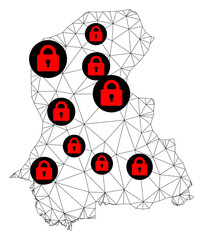 Polygonal mesh lockdown map of Sindh Province. Abstract mesh lines and locks form map of Sindh Province. Vector wire frame 2D polygonal line network in black color with red locks.