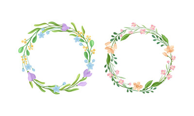 Floral Wreath with Leafy Tree Branch and Blooming Summer Flowers Vector Set