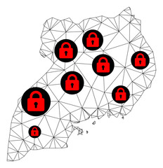 Polygonal mesh lockdown map of Uganda. Abstract mesh lines and locks form map of Uganda. Vector wire frame 2D polygonal line network in black color with red locks. Frame model for patriotic posters.