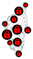 Polygonal mesh lockdown map of Corsica. Abstract mesh lines and locks form map of Corsica. Vector wire frame 2D polygonal line network in black color with red locks.