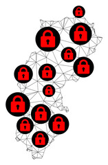 Polygonal mesh lockdown map of Chhattisgarh State. Abstract mesh lines and locks form map of Chhattisgarh State. Vector wire frame 2D polygonal line network in black color with red locks.