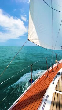 Yacht sailing at the sea. View of the yacht deck and sail close up. Open sea on a sunny day. Blue sea and sky. Travel destination concept