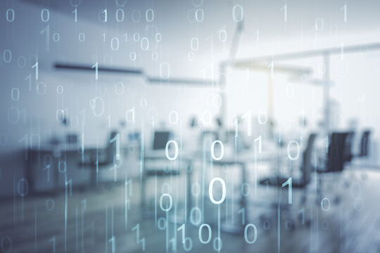Abstract virtual binary code illustration on a modern furnished office background. Big data and coding concept. Multiexposure - Powered by Adobe