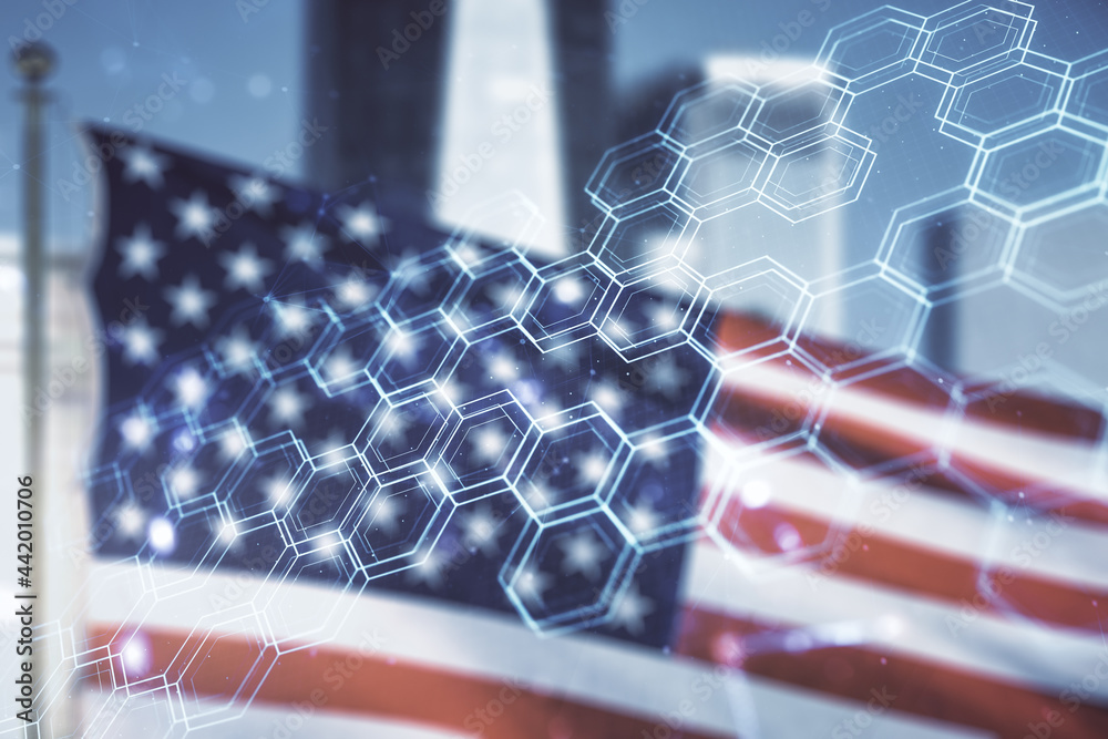 Poster double exposure of abstract virtual technology hologram with hexagon on usa flag and blurry skyscrap