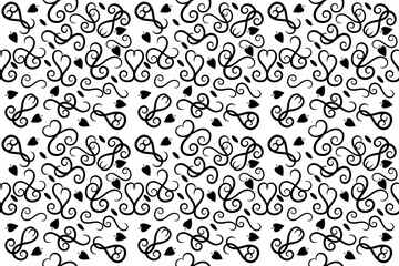 Repeating abstract pattern of curved lines and hearts in black on a white background for printing on fabric, paper, tiles