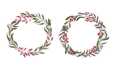 Foliage and Berry Twig Arranged in Floral Wreath Vector Set