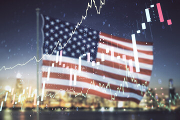 Multi exposure of virtual creative financial chart hologram on USA flag and blurry skyscrapers background, research and analytics concept