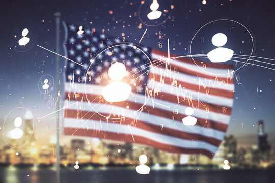 Double exposure of social network icons hologram on US flag and city background. Networking concept