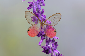 Pink Glass Wing Butterfly sitting on purple flower.