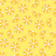 slices of lemon seamless pattern. Vector illustration. Yellow background.