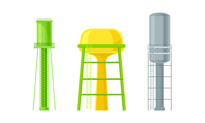 Elevated Water Tower or Tank Made of Metal for Storing Water Vector Set