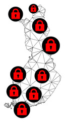Polygonal mesh lockdown map of Finland. Abstract mesh lines and locks form map of Finland. Vector wire frame 2D polygonal line network in black color with red locks.