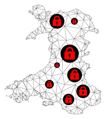 Polygonal mesh lockdown map of Wales. Abstract mesh lines and locks form map of Wales. Vector wire frame 2D polygonal line network in black color with red locks. Frame model for lockdown posters.