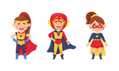 Smiling Boy and Girl Character in Superhero Costume and Cloak Standing Ready to Save the World Vector Illustrations Set