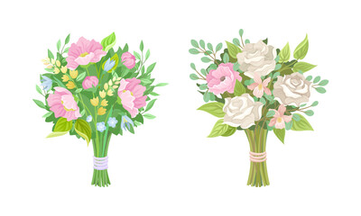 Bunch of Lush Flowers with Green Leafy Branches Vector Set