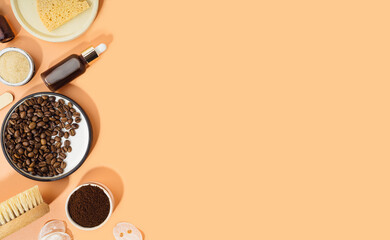 Homemade cosmetics with coffee scrub and oil. Set of home SPA cosmetic products. Dry Brush, Coffee Scrub, Organic Oil. Anti-cellulite homemade cosmetic for peeling and spa care. Copy space