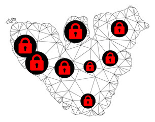 Polygonal mesh lockdown map of Moorea Island. Abstract mesh lines and locks form map of Moorea Island. Vector wire frame 2D polygonal line network in black color with red locks.