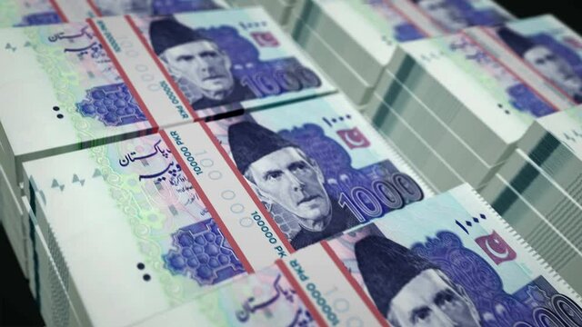 Pakistani rupee money pack loop 3d animation. Loopable seamless concept of finance, cash, economy, business and bank in Pakistan. Camera moving over the PKR banknote bundle stacks.