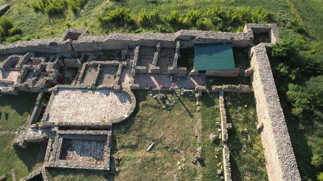 Aerial view of archaeological site, ruins of ancient town and church basilica, Bargala, Stip, Macedonia
