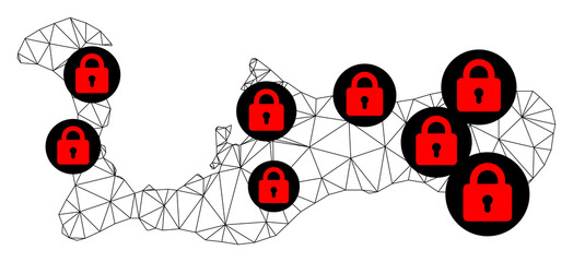 Polygonal mesh lockdown map of Grand Cayman Island. Abstract mesh lines and locks form map of Grand Cayman Island. Vector wire frame 2D polygonal line network in black color with red locks.