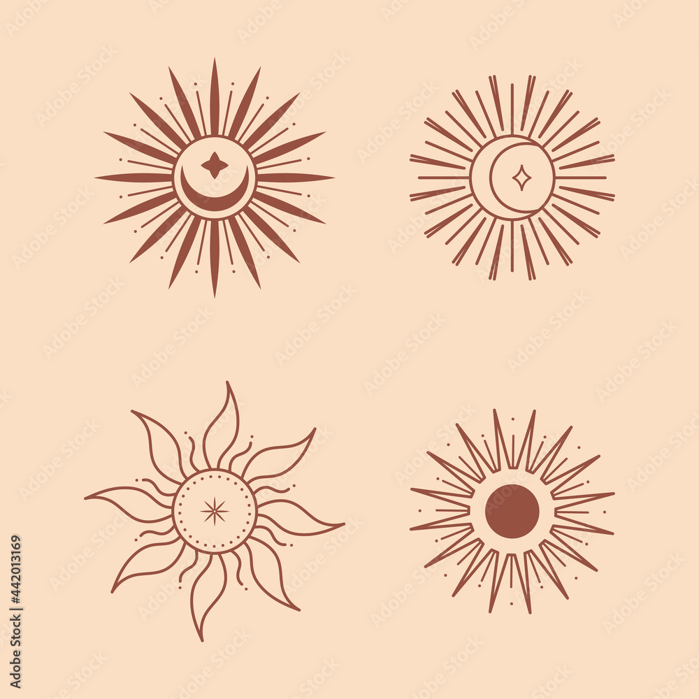 Wall mural set of vector bohemian logo design templates with sun and sunburst. boho linear icons or symbols in 