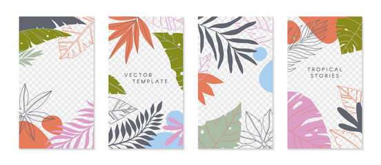 Fototapeta na wymiar Bundle of insta story templates with tropical palm leaves.Modern summer vector layouts with copy space for text.Bright vibrant banners.Trendy designs for social media marketing,digital post,prints.