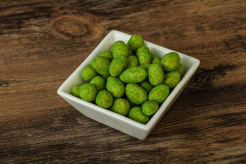 Spicy wasabi peanuts in the bowl