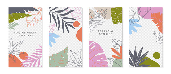 Bundle of insta story templates with tropical palm leaves.Modern summer vector layouts with copy space for text.Bright vibrant banners.Trendy designs for social media marketing,digital post,prints.