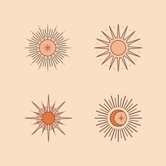 Set of vector bohemian logo design templates with sun and sunburst in retro style. Boho linear icons or symbols.Trendy minimal design.Modern celestial emblems.Branding designs templates.