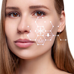 Infographic shows moisturizing effect on beautiful female face.