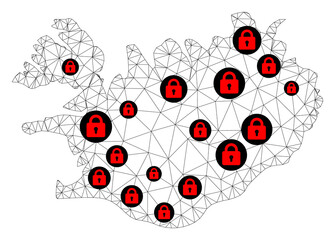 Polygonal mesh lockdown map of Iceland. Abstract mesh lines and locks form map of Iceland. Vector wire frame 2D polygonal line network in black color with red locks. Frame model for lockdown posters.