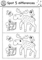 Forest find differences game for children. Black and white educational activity and coloring page with moose and birds. Summer camp or woodland printable worksheet with cute animals. .