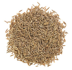 Cumin seeds pile isolated on a white background, top view. Zeera seeds. Aroma cuisine.