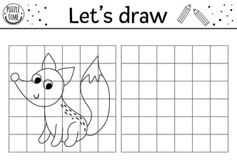 Complete the fox picture. Vector forest drawing practice worksheet. Printable black and white activity for preschool children with animal. Copy the picture garden woodland themed game for kids.