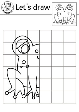 Complete the frog picture. Vector forest drawing practice worksheet. Printable black and white activity for preschool children with animal. Copy the picture garden woodland themed game for kids.