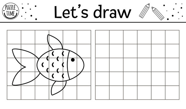 Complete the fish picture. Vector forest drawing practice worksheet. Printable black and white activity for preschool children with water animal. Copy the picture garden woodland themed game for kids.