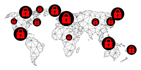 Polygonal mesh lockdown map of world. Abstract mesh lines and locks form map of world. Vector wire frame 2D polygonal line network in black color with red locks.