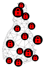 Polygonal mesh lockdown map of Tocantins State. Abstract mesh lines and locks form map of Tocantins State. Vector wire frame 2D polygonal line network in black color with red locks.