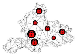 Polygonal mesh lockdown map of Gelderland Province. Abstract mesh lines and locks form map of Gelderland Province. Vector wire frame 2D polygonal line network in black color with red locks.