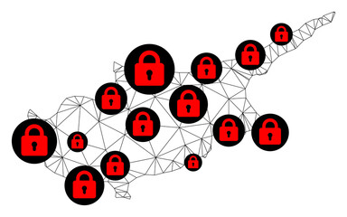 Obraz premium Polygonal mesh lockdown map of Cyprus Island. Abstract mesh lines and locks form map of Cyprus Island. Vector wire frame 2D polygonal line network in black color with red locks.