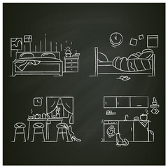 Blanket house chalk icons set.Kitchen, living room, bedroom.Modern, cozy apartment furniture, accessories.Home interior and lifestyle concept.Isolated vector illustrations on chalkboard