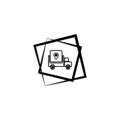 Delivery truck icon vector symbol, fast shipping cargo van, flat black and white style quick courier transportation isolated on white background.
Framed delivery icon. Car with geo icon.