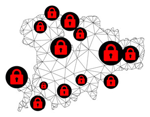 Obraz premium Polygonal mesh lockdown map of Mykonos Island. Abstract mesh lines and locks form map of Mykonos Island. Vector wire frame 2D polygonal line network in black color with red locks.