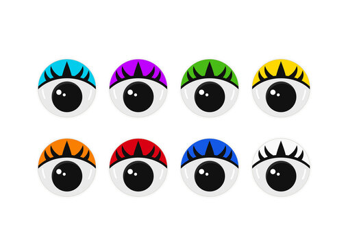 Plastic eyes with eyelashes for toys, puppet and dolls character isolated on white background. Round colorful eyeballs vector clip art set. Flat design cartoon style craft and sewing design elements.