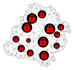 Polygonal mesh lockdown map of Lodz Province. Abstract mesh lines and locks form map of Lodz Province. Vector wire frame 2D polygonal line network in black color with red locks.