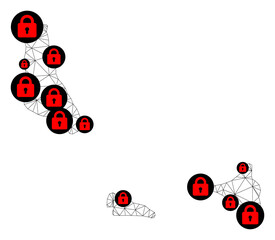 Polygonal mesh lockdown map of Comoros Islands. Abstract mesh lines and locks form map of Comoros Islands. Vector wire frame 2D polygonal line network in black color with red locks.