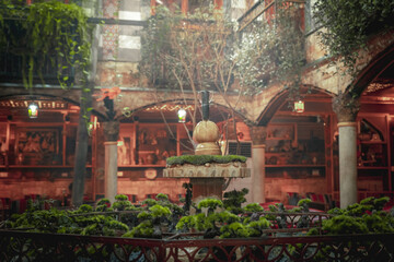 A water fountain and plants in a traditional Syrian outdoor courtyard in an old home - obrazy, fototapety, plakaty